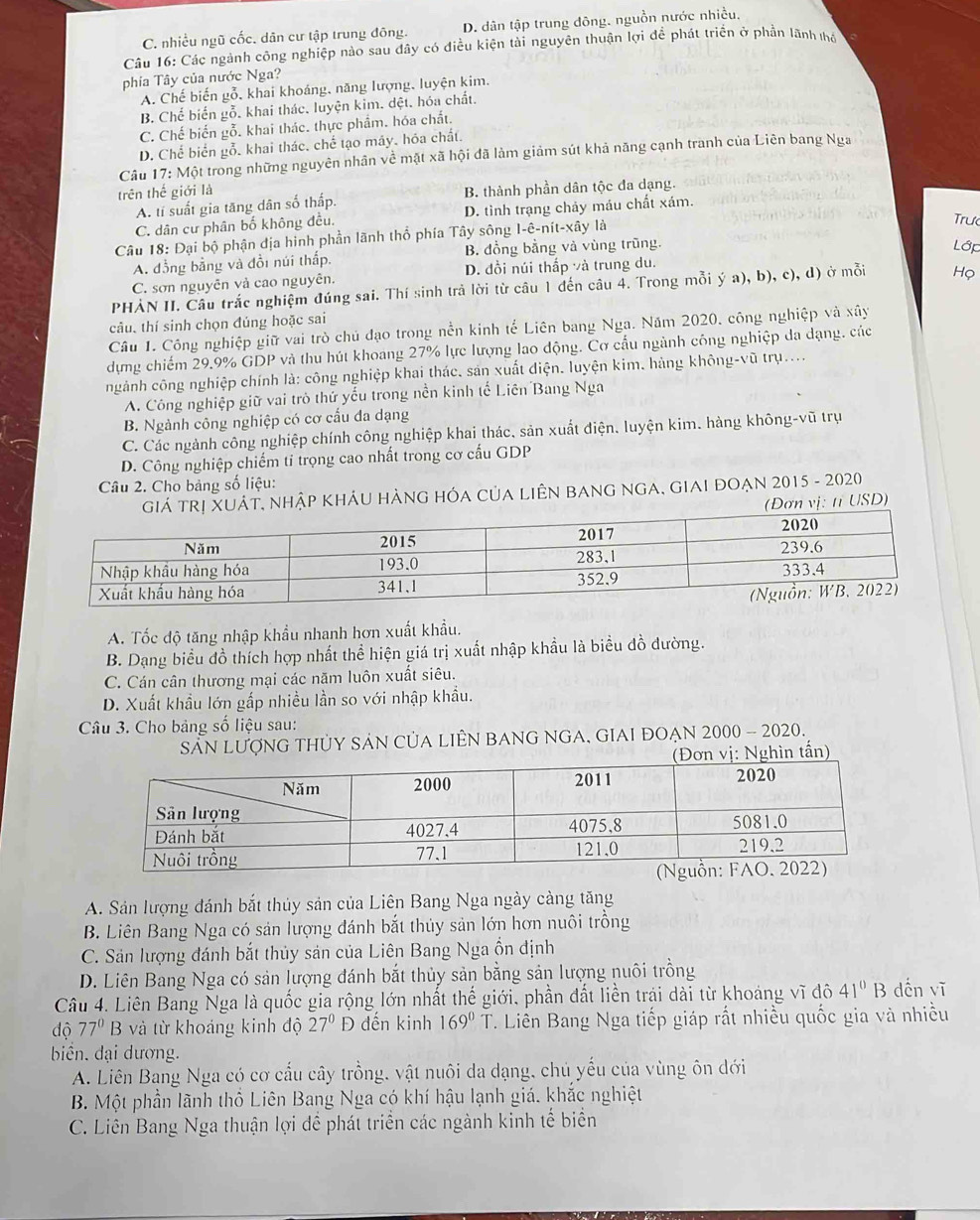 C. nhiều ngũ cốc. dân cư tập trung đông. D. dân tập trung đông, nguồn nước nhiều,
Câu 16: Các ngành công nghiệp nào sau đây có điều kiện tải nguyên thuận lợi đề phát triển ở phần lãnh thá
phía Tây của nước Nga?
A. Chế biến gỗ, khai khoáng, năng lượng, luyện kim.
B. Chế biến gỗ. khai thác. luyện kim. dệt. hóa chất.
C. Chế biến gỗ. khai thác. thực phẩm. hóa chất.
D. Chế biển gỗ. khai thác, chế tạo máy, hóa chất.
Câu 17: Một trong những nguyên nhân về mặt xã hội đã làm giảm sút khả năng cạnh tranh của Liên bang Nga
trên thế giới là B. thành phần dân tộc đa dạng.
A. tí suất gia tăng dân số thấp.
C. dân cư phân bố không đều. D. tình trạng chảy máu chất xám.
Câu 18: Đại bộ phận địa hình phần lãnh thổ phía Tây sông I-ê-nít-xây là
Trự
A. đồng bảng và đồi núi thấp. B. đồng bằng và vùng trũng.
Lớp
C. sơn nguyên và cao nguyên. D. đồi núi thấp và trung du.
PHẢN II. Câu trắc nghiệm đúng sai. Thí sinh trả lời từ câu 1 đến câu 4. Trong mỗi ý a), b), c), d) ở mỗi Họ
câu, thí sinh chọn đúng hoặc sai
Câu 1. Công nghiệp giữ vai trò chủ đạo trong nền kinh tế Liên bang Nga. Năm 2020, công nghiệp và xây
dựng chiếm 29.9% GDP và thu hút khoang 27% lực lượng lao động. Cơ cấu ngành công nghiệp đa dạng, các
ngành công nghiệp chính là: công nghiệp khai thác, sản xuất điện. luyện kim, hàng không-vũ trụ....
A. Công nghiệp giữ vai trò thứ yểu trong nền kinh tế Liên Bang Nga
B. Ngành công nghiệp có cơ cấu đa dạng
C. Các ngành công nghiệp chính công nghiệp khai thác, sản xuất điện, luyện kim. hàng không-vũ trụ
D. Công nghiệp chiếm tỉ trọng cao nhất trong cơ cấu GDP
Câu 2. Cho bảng số liệu:
ÁT, nhậP KhÁU HàNG HÓA CủA LiêN bAng NgA, GIAI đOẠn 2015 - 2020
(Đơn vị: tỉ USD)
A. Tốc độ tăng nhập khẩu nhanh hơn xuất khẩu.
B. Dạng biểu đồ thích hợp nhất thể hiện giá trị xuất nhập khẩu là biểu đồ đường.
C. Cán cân thương mại các năm luôn xuất siêu.
D. Xuất khẩu lớn gấp nhiều lần so với nhập khẩu.
Câu 3. Cho bảng số liệu sau:
SẵN LượNG THỦY SAN CủA LIÊN BANG NGA, GIAI ĐOẠN 2000 - 2020.
A. Sản lượng đánh bắt thủy sản của Liên Bang Nga ngày càng tăng
B. Liên Bang Nga có sản lượng đánh bắt thủy sản lớn hơn nuôi trồng
C. Sản lượng đánh bắt thủy sản của Liên Bang Nga ổn định
D. Liên Bang Nga có sản lượng đánh bắt thủy sản bằng sản lượng nuôi trồng
Câu 4. Liên Bang Nga là quốc gia rộng lớn nhất thế giới, phần đất liền trái dài từ khoảng vĩ đô 41°B dến vĩ
độ 77°B và từ khoáng kinh độ 27°D đến kinh 169°T T. Liên Bang Nga tiếp giáp rất nhiều quốc gia và nhiều
biển. dại dương.
A. Liên Bạng Nga có cơ cấu cây trồng, vật nuôi da dạng, chủ yếu của vùng ôn dới
B. Một phần lãnh thổ Liên Bang Nga có khí hậu lạnh giá. khắc nghiệt
C. Liên Bang Nga thuận lợi để phát triển các ngành kinh tế biển
