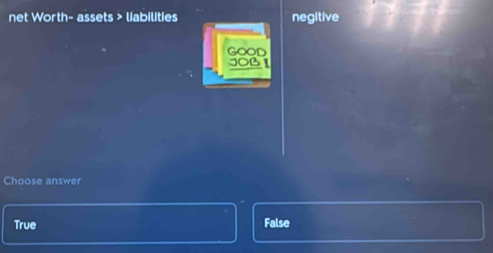 net Worth- assets > liabilities negitive
GOOD
10B1
Choose answer
True False