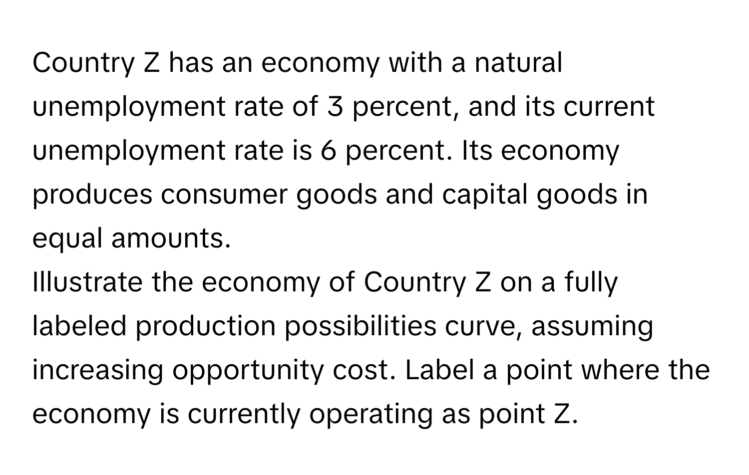 Country Z has an economy with a natural unemployment rate of 3 percent, and its current unemployment rate is 6 percent. Its economy produces consumer goods and capital goods in equal amounts.

Illustrate the economy of Country Z on a fully labeled production possibilities curve, assuming increasing opportunity cost. Label a point where the economy is currently operating as point Z.