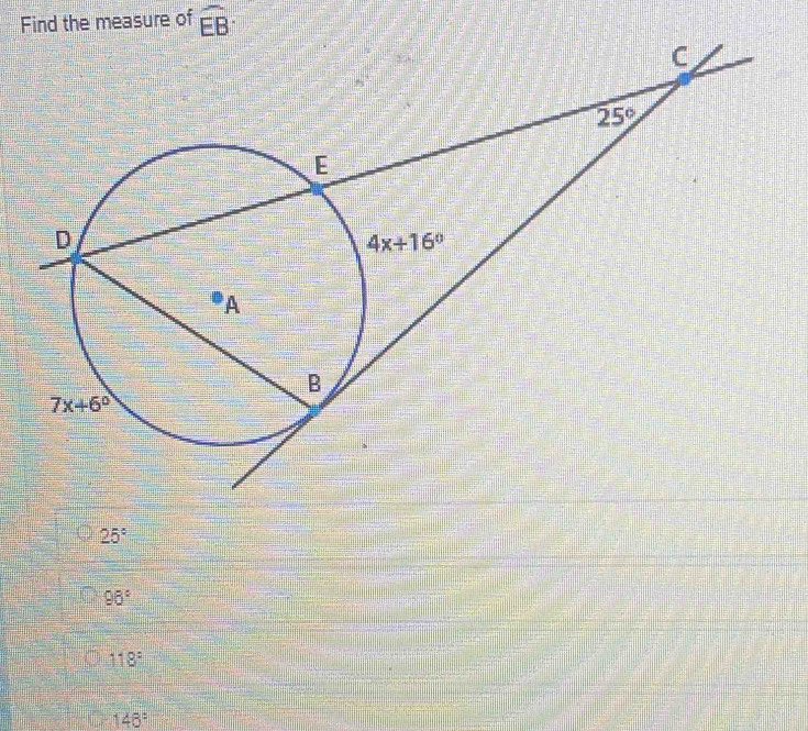 Find the measure of widehat EB·
25°
96°
118°
146°