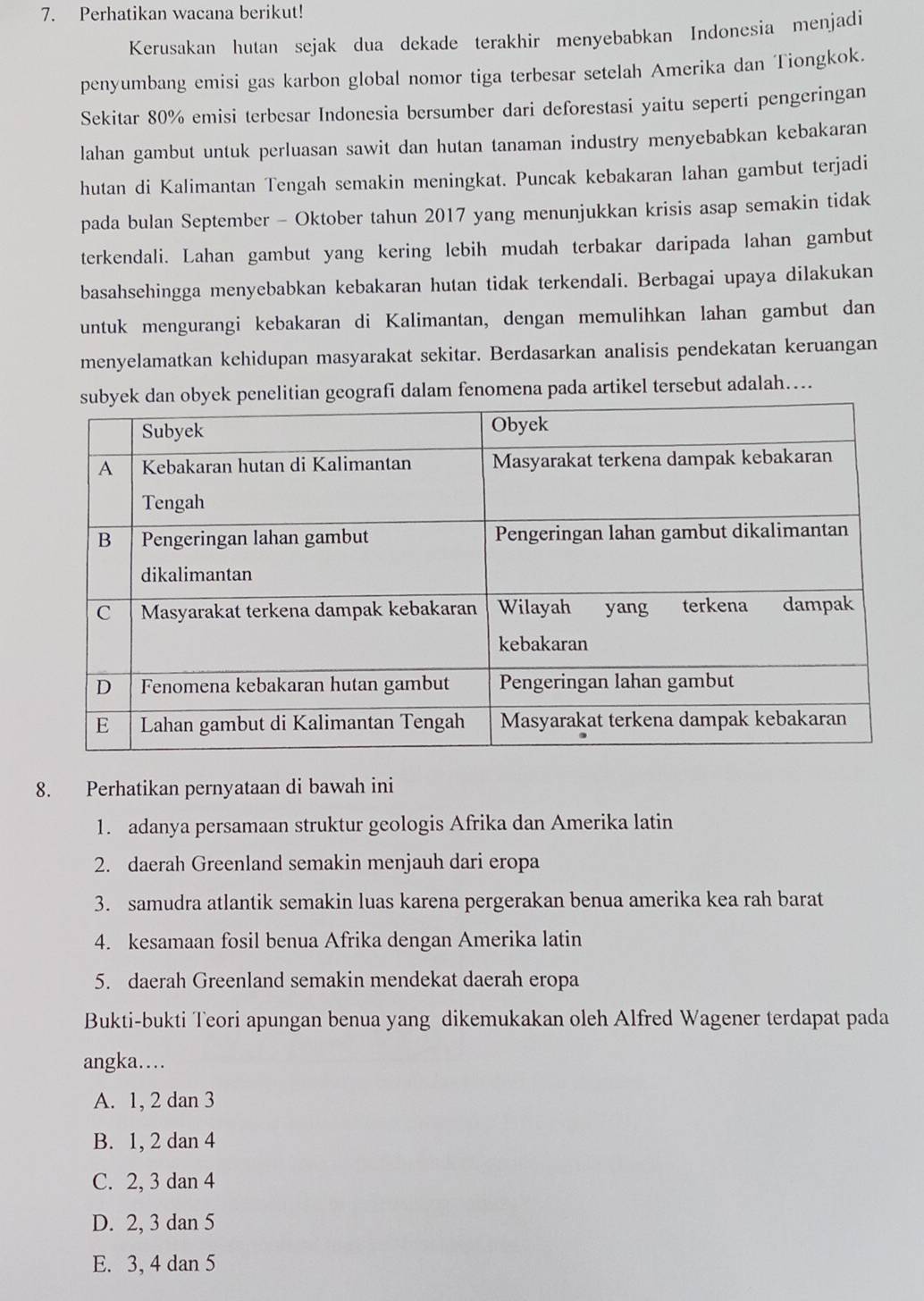 Perhatikan wacana berikut!
Kerusakan hutan sejak dua dekade terakhir menyebabkan Indonesia menjadi
penyumbang emisi gas karbon global nomor tiga terbesar setelah Amerika dan Tiongkok.
Sekitar 80% emisi terbesar Indonesia bersumber dari deforestasi yaitu seperti pengeringan
lahan gambut untuk perluasan sawit dan hutan tanaman industry menyebabkan kebakaran
hutan di Kalimantan Tengah semakin meningkat. Puncak kebakaran lahan gambut terjadi
pada bulan September - Oktober tahun 2017 yang menunjukkan krisis asap semakin tidak
terkendali. Lahan gambut yang kering lebih mudah terbakar daripada lahan gambut
basahsehingga menyebabkan kebakaran hutan tidak terkendali. Berbagai upaya dilakukan
untuk mengurangi kebakaran di Kalimantan, dengan memulihkan lahan gambut dan
menyelamatkan kehidupan masyarakat sekitar. Berdasarkan analisis pendekatan keruangan
rafi dalam fenomena pada artikel tersebut adalah….
8. Perhatikan pernyataan di bawah ini
1. adanya persamaan struktur geologis Afrika dan Amerika latin
2. daerah Greenland semakin menjauh dari eropa
3. samudra atlantik semakin luas karena pergerakan benua amerika kea rah barat
4. kesamaan fosil benua Afrika dengan Amerika latin
5. daerah Greenland semakin mendekat daerah eropa
Bukti-bukti Teori apungan benua yang dikemukakan oleh Alfred Wagener terdapat pada
angka…
A. 1, 2 dan 3
B. 1, 2 dan 4
C. 2, 3 dan 4
D. 2, 3 dan 5
E. 3, 4 dan 5