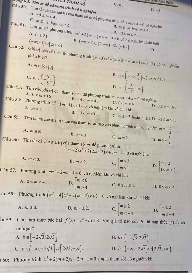 ch khoi đa diện
hua tham số C. 0 .
lùng 6.1. Tìm m đễ phương trình có n nghiệm
D. −3 .
A. -4≤ m≤ 4.
Câu 50: Tìm tất cả các giá trị của tham số m đề phương trình x^2+mx+4=0 có nghiệm
C. m≤ -2 hay m≥ 2.
B. m≤ -4 hay m≥ 4.
Câu 51: Tìm m để phương trình -x^2+2(m-1)x+m-3=0 D. -2≤ m≤ 2. có hai nghiệm phân biệt
A. (-1;2) B. (-∈fty ;-1)∪ (2;+∈fty ) [-1;2]
(-∈fty ;-1]∪ [2;+∈fty )
C.
D.
Câu 52: Giá trị nào của m thì phương trình (m-3)x^2+(m+3)x-(m+1)=0 (1) có hai nghiệm
phân biệt?
A. m∈ R| 3 .
B.
C. m∈ (- 3/5 ;1). m∈ (-∈fty ;- 3/5 )∪ (1;+∈fty )vee  3 .
D. m∈ (- 3/5 ;+∈fty ).
Câu 53: Tìm các giá trị của tham số m để phương trình x^2-mx+4m=0 vô nghiệm.
A. 0 B.
C. 0 D. 0≤ m≤ 16.
Câu 54: Phương trình x^2-(m+1)x+1=0 -4 vô nghiệm khi và chỉ khi
A. m>1. B. -3 C. m≤ -3 hoặc -3≤ m≤ 1.
m≥ 1. D.
Câu 55: Tìm tất cả các giá trị thực của tham số m sao cho phương trình sau vô nghiệm m=- 1/2 
A. m∈ R. B. m>3. C. m=2 D. m>- 3/5 .
Câu 56: Tìm tất cả các giá trị của tham số m đề phương trình
(m-2)x^2+2(2m-3)x+5m-6=0vhat 0 nghiệm?
A. m<0. B. m>2. C. beginbmatrix m>3 m<1endarray. . D. beginarrayl m!= 2 1
Câu 57: Phương trình mx^2-2mx+4=0 vô nghiệm khi và chỉ khi
A. 0 B. beginbmatrix m<0 m>4^(·)endarray. C. 0≤ m≤ 4. D. 0≤ m<4.
Câu 58: Phương trình (m^2-4)x^2+2(m-2)x+3=0 vô nghiệm khi và chỉ khi
A. m≥ 0. B. m=± 2. C. beginarrayl m≥ 2 m D. beginarrayl m≥ 2 m≤ -4endarray. .
âu 59: Cho tam thức bậc hai f(x)=x^2-bx+3. Với giá trị nào của b thì tam thức f(x) có
nghiệm?
A. b∈ [-2sqrt(3);2sqrt(3)]. b∈ (-2sqrt(3);2sqrt(3)).
B.
C. b∈ (-∈fty ;-2sqrt(3)]∪ [2sqrt(3);+∈fty ). D. b∈ (-∈fty ;-2sqrt(3))∪ (2sqrt(3);+∈fty ).
60: Phương trình x^2+2(m+2)x-2m-1=0 ( m là tham số) có nghiệm khi