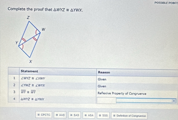 POSSIBLE POINT! 
Complete the proof that △ WYZ≌ △ YWX. 
Statement Reason 
1 ∠ WYZ≌ ∠ XWY
Given 
2 ∠ YWZ≌ ∠ WYX
Given 
3 overline WY≌ overline WY Reflexive Property of Congruence 
4 △ WYZ≌ △ YWX
: CPCTC = AAS # SAS :1 ASA =SSS # Definition of Congruence