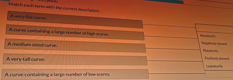 points 
Match each term with the correct description. 
A very flat curve. 
A curve containing a large number of high scores. Mesokurtic 
Negatively skewed 
A medium sized curve. Platykurtic 
A very tall curve. 
Positively skewed 
Leptokurtic 
A curve containing a large number of low scores.