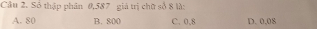 Số thập phân 0,587 giá trị chữ số 8 là:
A. 80 B. 800 C. 0,8 D. 0,08