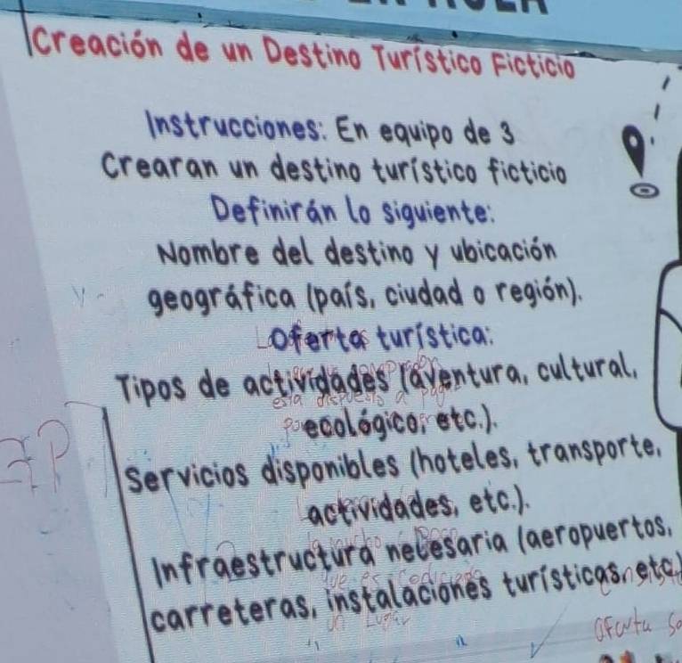 (Creacion de un Desting Turistico Ficticio 
Instrucciones: En equipo de 3
crearan un destino turistico ficticio 
Definiran lo siquiente: 
Nombre del destino y ubicacion 
geografica (pais, ciudad o region). 
ooferterturistica: 
Tipos de actividades raventura, cultural, 
oa 
pecologico, etc. ). 
servicios disponibles (hoteles, transporte, 
activiades, etc. ). 
Infraestructura necesaria (aeropuertos, 
carreteras, instalaciones turisticas,ete 
orata so