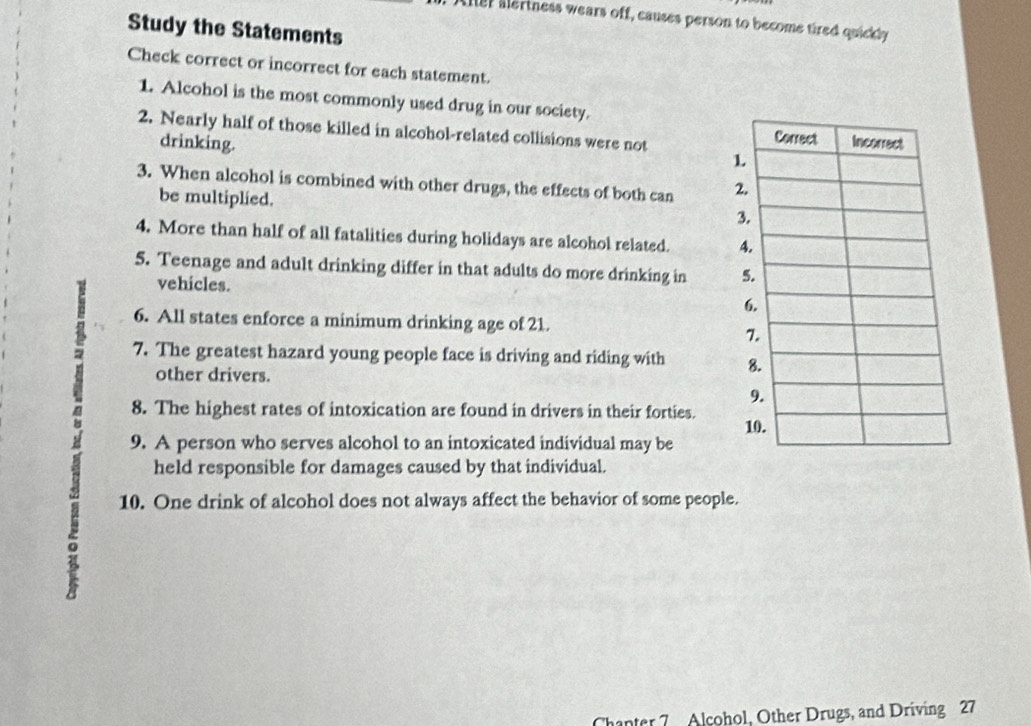 Aler alertness wears off, causes person to become tired quickly 
Study the Statements 
Check correct or incorrect for each statement. 
1. Alcohol is the most commonly used drug in our society. 
2. Nearly half of those killed in alcohol-related collisions were not 
drinking. 
3. When alcohol is combined with other drugs, the effects of both can 
be multiplied. 
4. More than half of all fatalities during holidays are alcohol related. 
5. Teenage and adult drinking differ in that adults do more drinking in 
vehicles. 
6. All states enforce a minimum drinking age of 21. 
7. The greatest hazard young people face is driving and riding with 
other drivers. 
8. The highest rates of intoxication are found in drivers in their forties. 
9. A person who serves alcohol to an intoxicated individual may be 
held responsible for damages caused by that individual. 
10. One drink of alcohol does not always affect the behavior of some people. 
Chanter 7 Alcohol, Other Drugs, and Driving 27