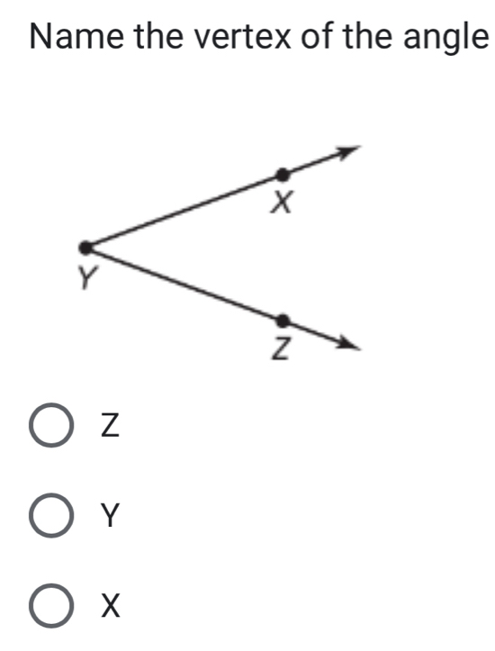 Name the vertex of the angle
Z
Y
X