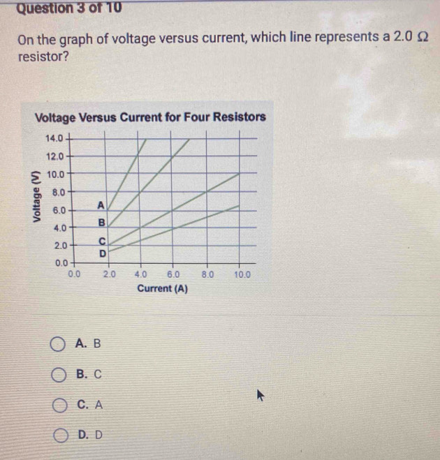 Solved: On the graph of voltage versus current, which line represents a ...