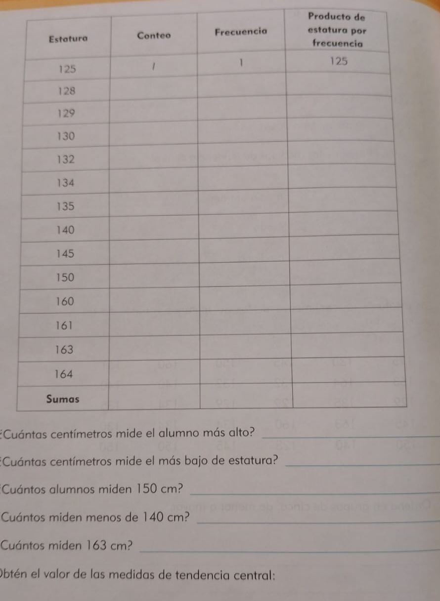 Producto de 
¿Cuá 
:Cuántas centímetros mide el más bajo de estatura?_ 
[Cuántos alumnos miden 150 cm?_ 
Cuántos miden menos de 140 cm?_ 
Cuántos miden 163 cm?_ 
Obtén el valor de las medidas de tendencia central: