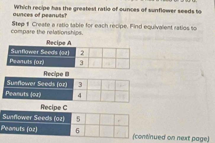 Which recipe has the greatest ratio of ounces of sunflower seeds to 
ounces of peanuts? 
Step 1 Create a ratio table for each recipe. Find equivalent ratios to 
compare the relationships. 
nued on next page)