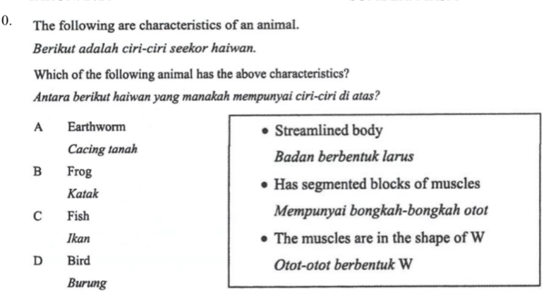 The following are characteristics of an animal.
Berikut adalah ciri-ciri seekor haiwan.
Which of the following animal has the above characteristics?
Antara berikut haiwan yang manakah mempunyai ciri-ciri di atas?
A Earthworm Streamlined body
Cacing tanah
Badan berbentuk larus
B Frog
Katak Has segmented blocks of muscles
C Fish Mempunyai bongkah-bongkah otot
Ikan The muscles are in the shape of W
D Bird Otot-otot berbentuk W
Burung