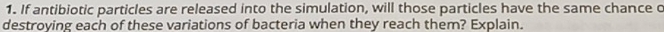 If antibiotic particles are released into the simulation, will those particles have the same chance o 
destroying each of these variations of bacteria when they reach them? Explain.