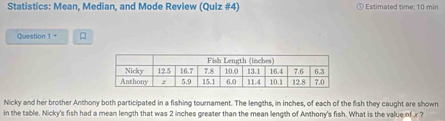 Statistics: Mean, Median, and Mode Review (Quiz #4) Estimated time: 10 min 
Question 1 
Nicky and her brother Anthony both participated in a fishing tournament. The lengths, in inches, of each of the fish they caught are shown 
in the table. Nicky's fish had a mean length that was 2 inches greater than the mean length of Anthony's fish. What is the value of x ?