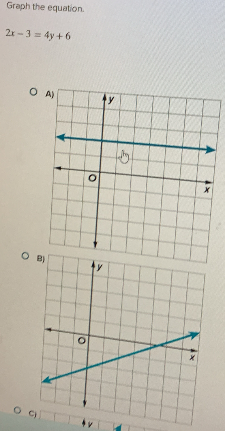 Graph the equation.
2x-3=4y+6
C