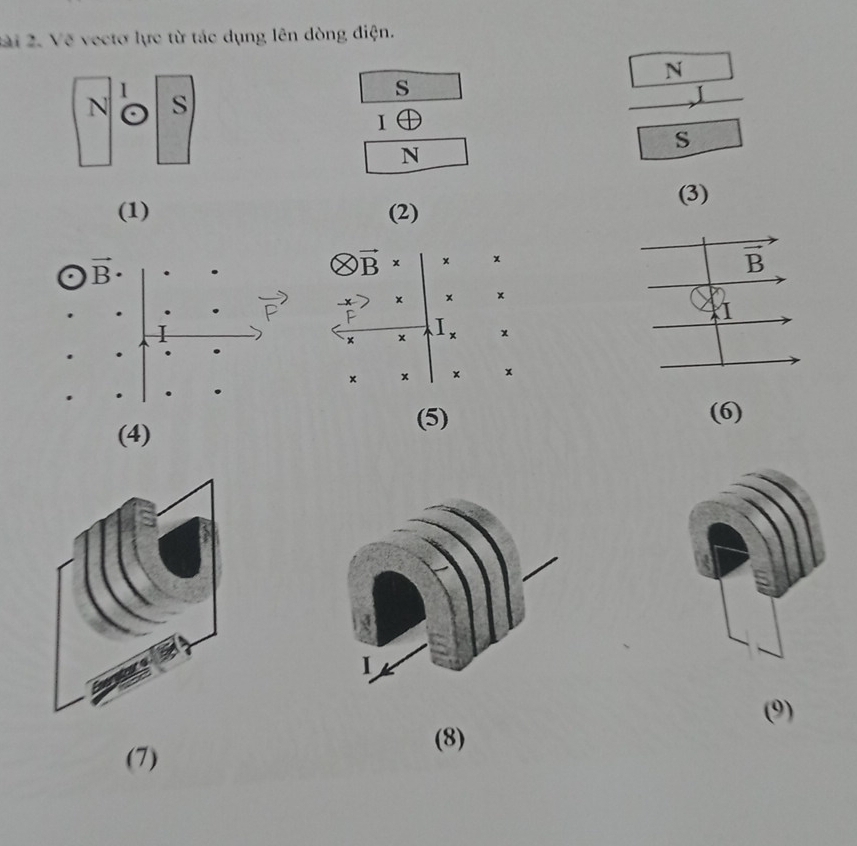 2ài 2. Vẽ vectơ lực từ tác dụng lên dòng điện.
N
1
s
1
N s
_ 
1 A
S
N
(3)
(1) (2)
vector B·
otimes vector B* × x
vector F  x/F >x x
|
x × × x
× x × x
(5) (6)
(4)
(8)
(7)