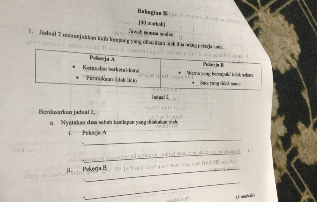 Bahagian B 
[40 markah] 
Jawab semua soalan. 
1. Jadual 2 menunjukkan kuih lompang yang dihasilkan oleh dua orang pekerja an 
Jadual 2 
Berdasarkan jadual 2, 
a. Nyatakan dua sebab kesilapan yang dilakukan oleh, 
_ 
i. Pekerja A 
_ 
b asigweds2 
ii. Pekerja B ne zzilo 
_ 
(4 markah)