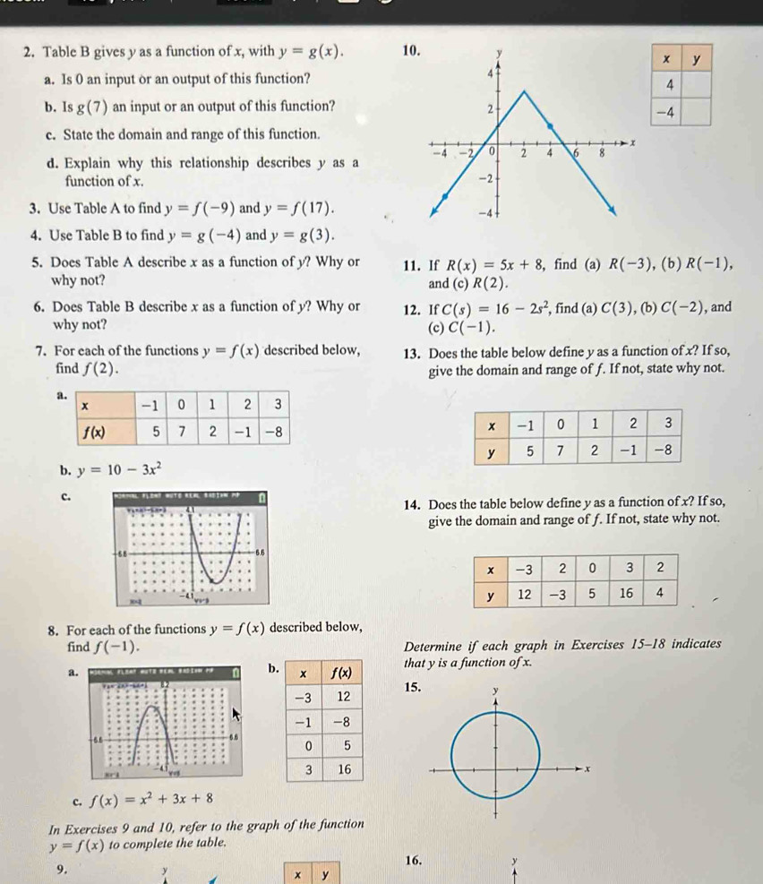 Table B gives y as a function of x, with y=g(x). 10.
a. Is 0 an input or an output of this function?
b. Is g(7) an input or an output of this function? 
c. State the domain and range of this function.
d. Explain why this relationship describes y as a
function of x. 
3. Use Table A to find y=f(-9) and y=f(17).
4. Use Table B to find y=g(-4) and y=g(3).
5. Does Table A describe x as a function of y? Why or 11. If R(x)=5x+8 , find (a) R(-3) , (b) R(-1),
why not? and (c) R(2).
6. Does Table B describe x as a function of y? Why or 12. If C(s)=16-2s^2 , find (a) C(3) , (b) C(-2) , and
why not? (c) C(-1).
7. For each of the functions y=f(x) described below, 13. Does the table below define y as a function of x? If so,
find f(2). give the domain and range of f. If not, state why not.
b. y=10-3x^2
c.
14. Does the table below define y as a function of x? If so,
give the domain and range of f. If not, state why not.
8. For each of the functions y=f(x) described below,
find f(-1). Determine if each graph in Exercises 15-18 indicates
a.b that y is a function of x.
15
c. f(x)=x^2+3x+8
In Exercises 9 and 10, refer to the graph of the function
y=f(x) to complete the table.
16. y
9. y
x y