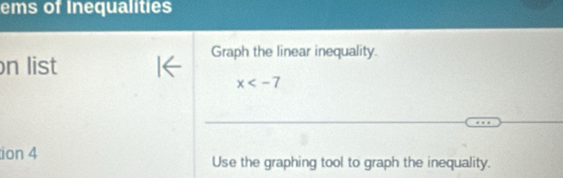 ems of Inequalities 
Graph the linear inequality. 
n list
x
tion 4 
Use the graphing tool to graph the inequality.