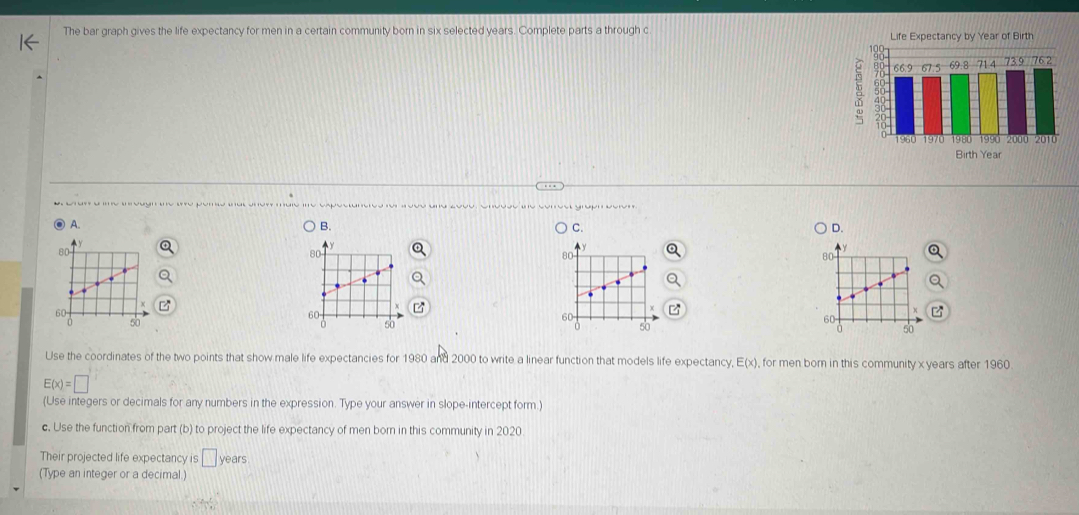 The bar graph gives the life expectancy for men in a certain community born in six selected years. Complete parts a through c 
Life Expectancy by Year of Birth 
Birth Year
p 
A. B. C. D. 
Use the coordinates of the two points that show male life expectancies for 1980 and 2000 to write a linear function that models life expectancy, E(x), for men born in this community x years after 1960
E(x)=□
(Use integers or decimals for any numbers in the expression. Type your answer in slope-intercept form.) 
c. Use the function from part (b) to project the life expectancy of men born in this community in 2020
Their projected life expectancy is □ ye ars 
(Type an integer or a decimal.)