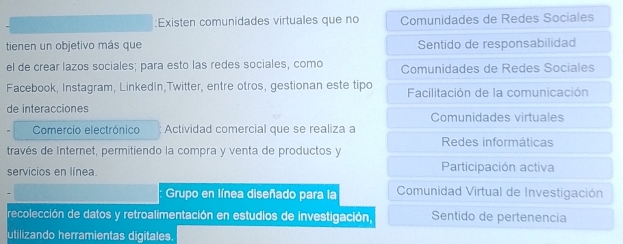 Existen comunidades virtuales que no Comunidades de Redes Sociales
tienen un objetivo más que Sentido de responsabilidad
el de crear lazos sociales; para esto las redes sociales, como
Comunidades de Redes Sociales
Facebook, Instagram, LinkedIn,Twitter, entre otros, gestionan este tipo Facilitación de la comunicación
de interacciones
Comunidades virtuales
Comercio electrónico Actividad comercial que se realiza a
Redes informáticas
través de Internet, permitiendo la compra y venta de productos y
servicios en línea. Participación activa
Grupo en línea diseñado para la Comunidad Virtual de Investigación
recolección de datos y retroalimentación en estudios de investigación, Sentido de pertenencia
utilizando herramientas digitales