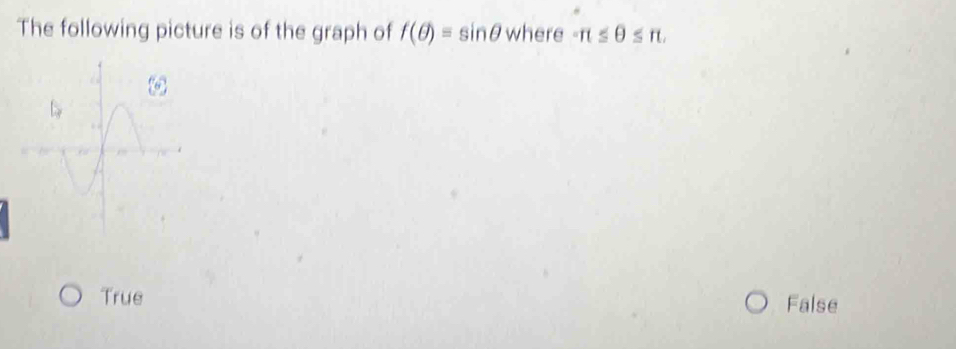 The following picture is of the graph of f(θ )=sin θ where -π ≤ θ ≤ π.
True False