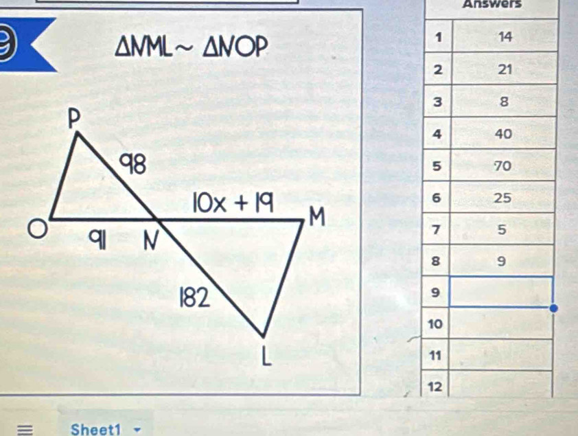 Answers
3)
△ MMLsim △ NOP
= Sheet1