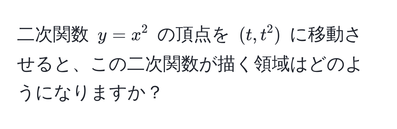 二次関数 $y = x^2$ の頂点を $(t, t^2)$ に移動させると、この二次関数が描く領域はどのようになりますか？