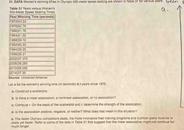 DATA Women's winning times in Olympic 500-meter speed skating are shown in Table 31 for various years. 
Table 31 Years versus Women's
500-Meterting Times 
Let w be the women's winning time (in seconds) at f years since 1970. 
a. Construct a scatterplot. 
b. Is there a linear association, a nontinear association, or no association? 
c. Compute r On the basis of the scatterplot and r, determine the strength of the association. 
d. is the association positive, negative, or neither? What does that mean in this situation? 
e. The faster Olympic competitors skate, the more innovative their training programs and nutrition plans must be to 
skate yet faster. Refer to some of the data in Table 31 that suggest that the linear association might not continue for 
much langer