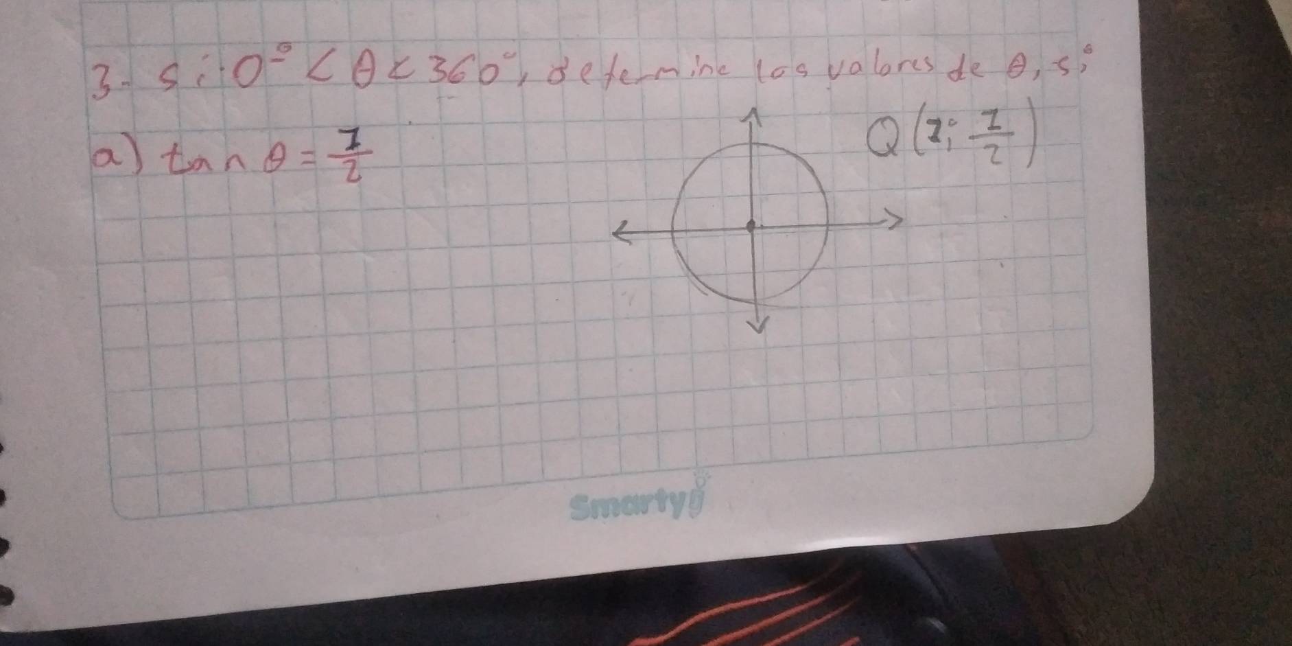 3 sin° <360° ,defermine los valores de o, s?
a) tan θ = 1/2 
Q(2, 1/2 )