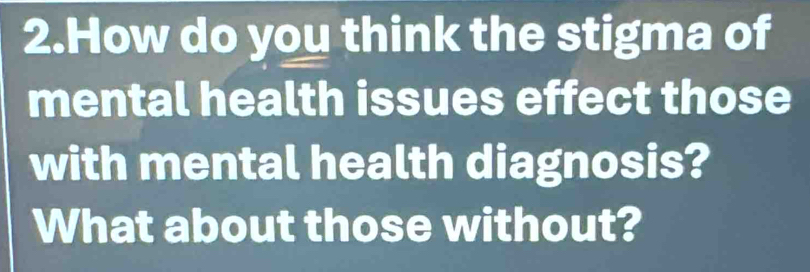 How do you think the stigma of 
mental health issues effect those 
with mental health diagnosis? 
What about those without?