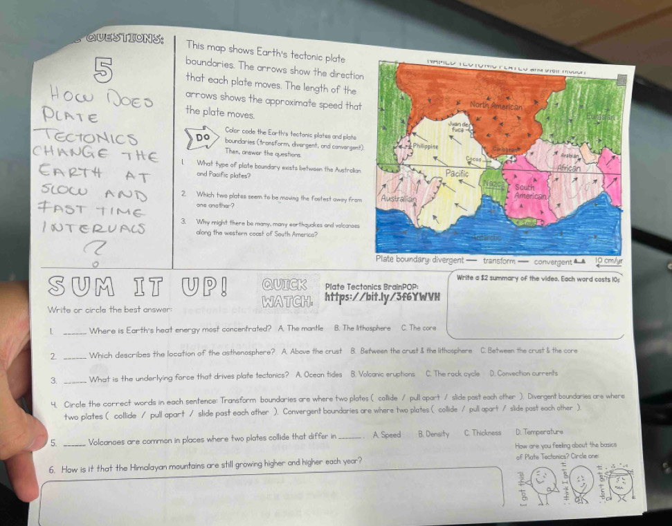This map shows Earth's tectonic plate
boundaries. The arrows show the direction
that each plate moves. The length of the
arrows shows the approximate speed that
HOw NOED the plate moves.
PLATE Color code the Earth's tectonic platss and plats
TECTONICS Do Then, onewer the questions
boundaries (tronsform, divergent, and convargent
CHANGE THE L What type of plate boundary exists between the Australian
CARTH AT and Pacific plates?
SLOW AND 2. Which two plates seem to be moving the fostest away from
FASt TIMG one another?
3. Why might there be many, many earthquokes and volcanoes
INTERUACS along the western coast of South America?
Write a $2 summary of the video. Each word costs 10;
SUM IT U P QUICK Plate Tectonics BrainPOP:
Write or circle the best answer: WATCH. https://bit.ly/3f6YWVH
1 _Where is Earth's heat energy most concentrated? A. The mantle B. The lithosphere C. The core
2 _Which describes the location of the asthenosphere? A. Abave the crust B. Between the crust&the lithosphere C. Between the crust&the core
3. _What is the underlying force that drives plate tectonics? A. Ocean tides B. Volcanic eruptions C. The rock cycle D. Convection currents
4. Circle the correct words in each sentence: Transform boundaries are where two plates ( collide / pull opart / slide past each other). Divergent boundaries are where
two plates ( collide / pull apart / slide past each ather ). Convergent boundaries are where two plates ( colide / pull apart / slide past each other ).
5. _Volcanoes are common in places where two plates collide that differ in _. A. Speed B. Density C. Thickness D. Temperature
How are you feelling about the basics
6. How is it that the Himallayan mountains are still growing higher and higher each year? of Plate Tectonics? Circle one:
,