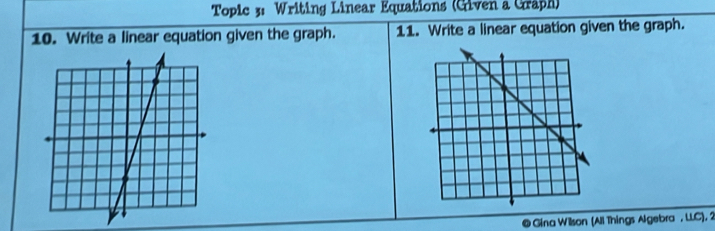 Topic 3: Writing Linear Equations (Given a Graph) 
10. Write a linear equation given the graph. 11. Write a linear equation given the graph. 
@ Gina Willson (All Things Algebra , LLC), 2