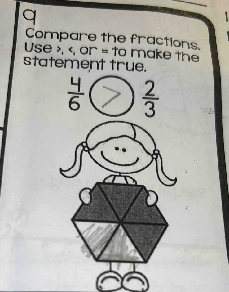 Compare the fractions. 
Use , , or=to make the 
statement true.
 2/3 