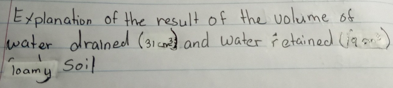 Explanation of the result of the volume of 
water drained (31cm^3) and water retained (jas) 
Toamy Soil