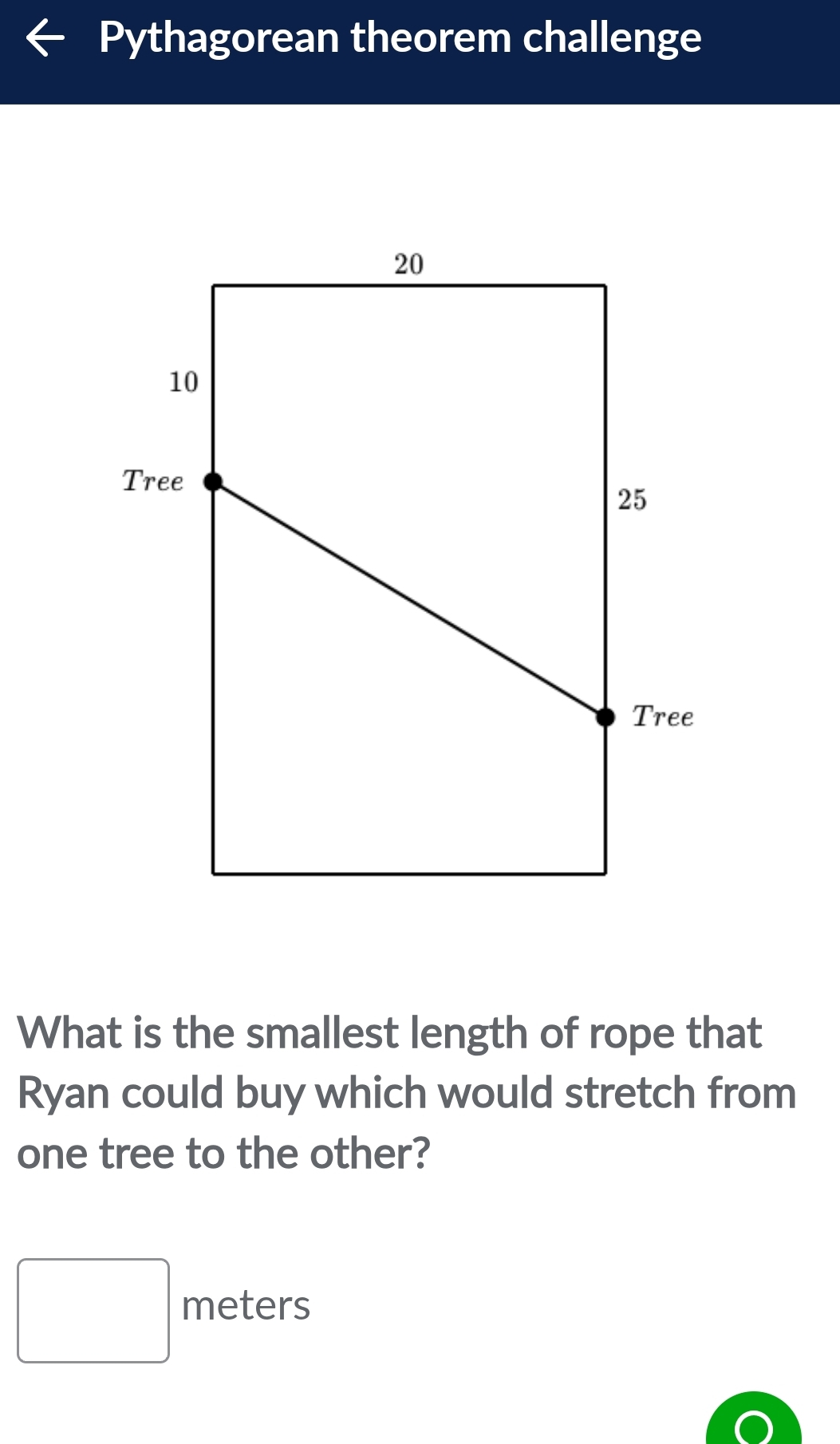 Pythagorean theorem challenge 
What is the smallest length of rope that 
Ryan could buy which would stretch from 
one tree to the other?
□ meters