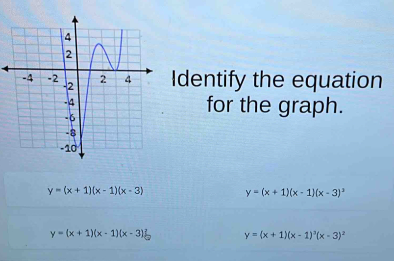 Identify the equation
for the graph.
y=(x+1)(x-1)(x-3)
y=(x+1)(x-1)(x-3)^3
y=(x+1)(x-1)(x-3)^2
y=(x+1)(x-1)^3(x-3)^2