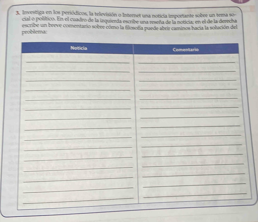 Investiga en los periódicos, la televisión o Internet una noticia importante sobre un tema so- 
cial o político. En el cuadro de la izquierda escribe una reseña de la noticia; en el de la derecha 
escribe un breve comentario sobre cómo la filosofía puede abrir caminos hacia la solución del 
problema: