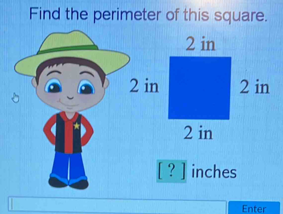 Find the perimeter of this square. 
[ ? ] inches 
Enter