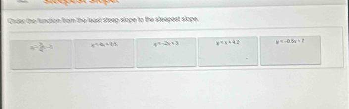 Crder the function from the least steep slope to the steepest slope.
x^2 3/4 -3 x^2-2x+2 y=-2x+3 y=x+42 y=-0.5x+7