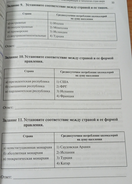 Κεссκεиκаιμи ν τиπоποгия сτρаη миρа 33 
Залание 9. Установите соответствие межлу странойи ее тηпом. 
Otbet:_ 
Валанне 10. Установите соответствие межлу страной и ее формой 
правления. 
Otbet:_ 
Валание 11. Установите соответствие межлу страной и ее формой 
правления. 
Otbet: 
_