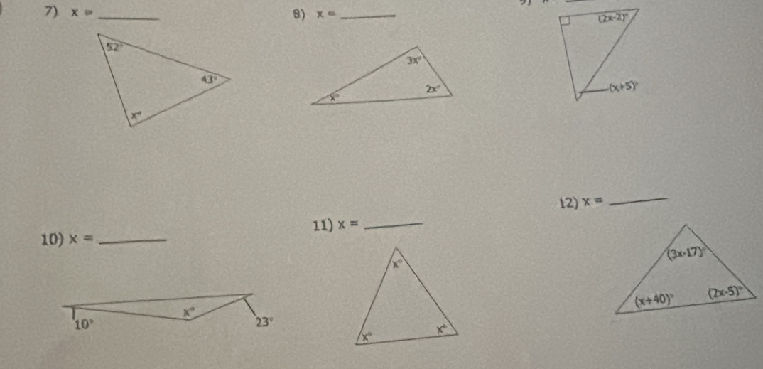 x= _8) x= _
12) x=
_
11) x=
_
10) x= _
x°
10°
23°