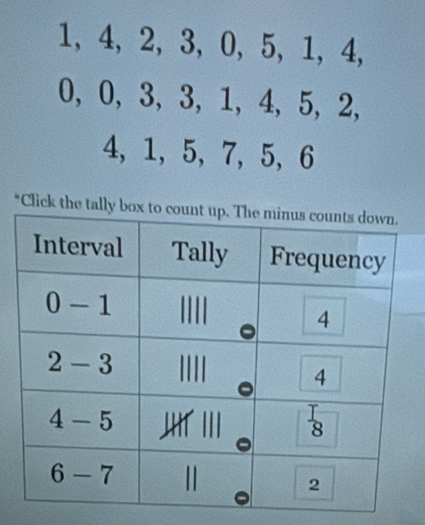 1, 4, 2, 3, 0, 5, 1, 4,
0, 0, 3, 3, 1, 4, 5, 2,
4, 1, 5, 7, 5, 6
*Click the ta