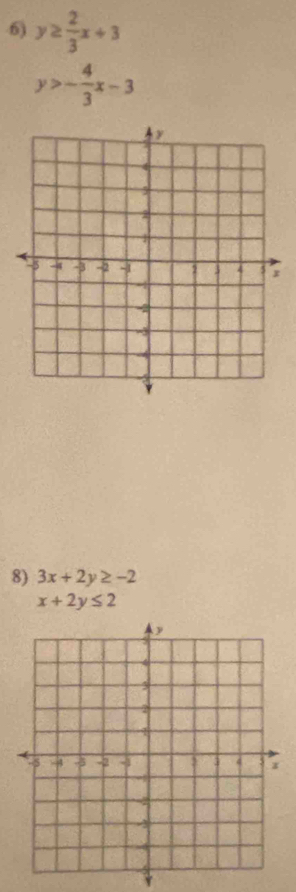 y≥  2/3 x+3
y>- 4/3 x-3
8) 3x+2y≥ -2
x+2y≤ 2
Y