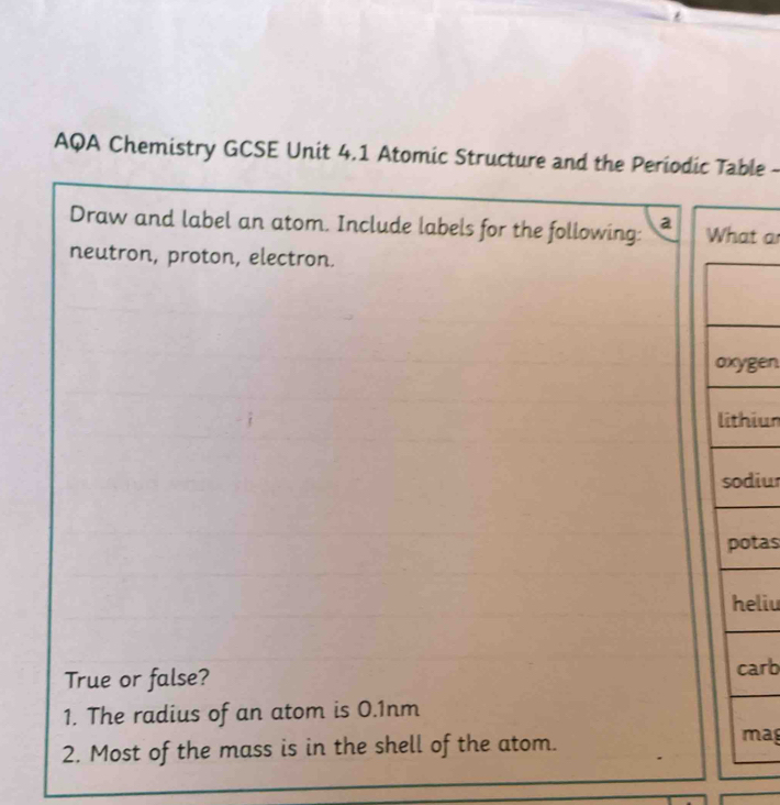 Solved: AQA Chemistry GCSE Unit 4.1 Atomic Structure and the Periodic ...