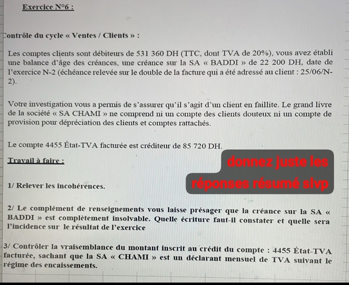 Exercice N° 6 : 
Contrôle du cycle « Ventes / Clients » : 
Les comptes clients sont débiteurs de 531 360 DH (TTC, dont TVA de 20%), vous avez établi 
une balance d'âge des créances, une créance sur la SA « BADDI » de 22 200 DH, date de 
l'exercice N-2 (échéance relevée sur le double de la facture qui a été adressé au client : 25/06/N- 
2). 
Votre investigation vous a permis de s’assurer qu’il s’agit d’un client en faillite. Le grand livre 
de la société « SA CHAMI » ne comprend ni un compte des clients douteux ni un compte de 
provision pour dépréciation des clients et comptes rattachés. 
Le compte 4455 État-TVA facturée est créditeur de 85 720 DH. 
Travail à faire : donnez juste les 
1/ Relever les incohérences. réponses résumé sivp 
2/ Le complément de renseignements vous laisse présager que la créance sur la SA « 
BADDI » est complètement insolvable. Quelle écriture faut-il constater et quelle sera 
Pincidence sur le résultat de l'exercice 
3/ Contrôler la vraisemblance du montant inscrit au crédit du compte : 4455 État-TVA 
facturée, sachant que la SA « CHAMI » est un déclarant mensuel de TVA suivant le 
régime des encaissements.