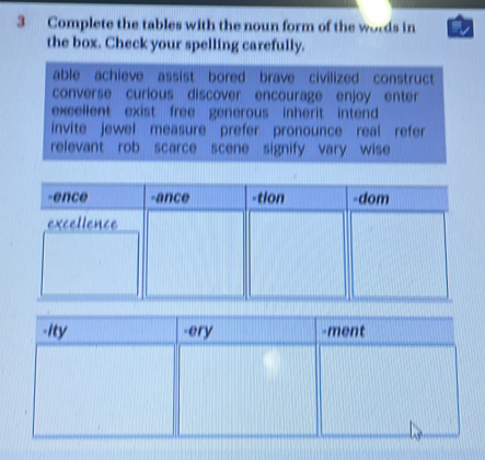 Complete the tables with the noun form of the words in
the box. Check your spelling carefully.
-ity -ery -ment