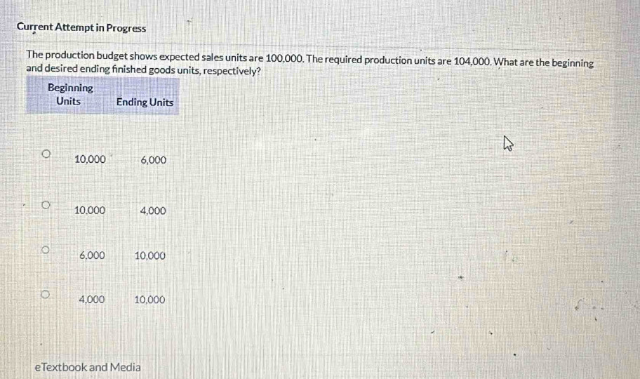 Current Attempt in Progress 
The production budget shows expected sales units are 100,000. The required production units are 104,000. What are the beginning 
and desired ending fnished goods units, respectively? 
Beginning 
Units Ending Units
10,000 6,000
10.000 4,000
6,000 10.000
4,000 10,000
eTextbook and Media