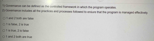 Governance can be defined as the controlled framework in which the program operates.
2) Governance includes all the practices and processes followed to ensure that the program is managed effectively.
1 and 2 both are false
1 is false, 2 is true
1 is true, 2 is false
1 and 2 both are true