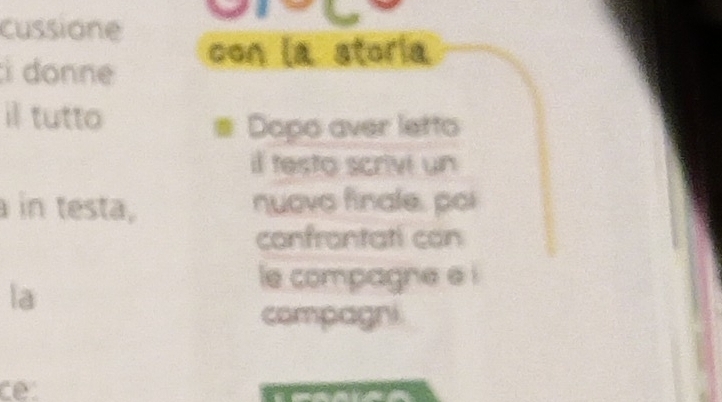 cussione 
i donne con la storia 
il tutto 
Dopo aver letto 
il testo scrivi un 
in testa, nuovo finale, por 
confrontati con 
la 
le compagne e i 
compagni 
ce